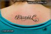 Фото тату - надписи на спине у девушки. Черно - белая женская татуировка.
