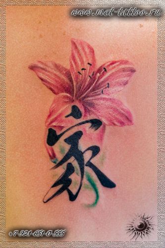Татуировка иероглиф семья. Женская цветная татуировка на лопатке.